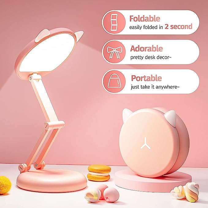 One Fire Cute Desk Lamp, Foldable & Portable Pink Lamp Kawaii Desk Accessories for Girls, Dimmable+8 Brightness Cute Lamp Kawaii Room Decor, Pink Lamp Kawaii Accessories, Cute Lamp Kawaii Room Decor