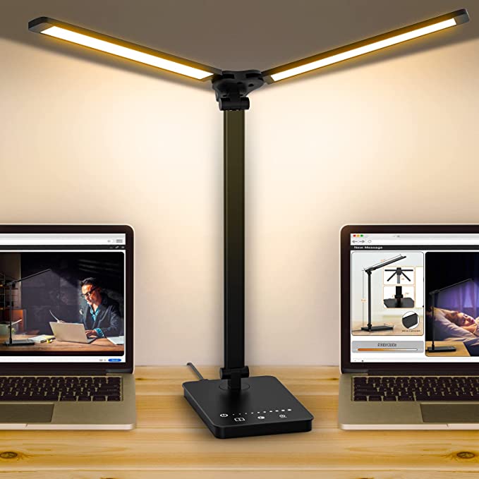 Adjustable Foldable Desk Lamp for Home Office - Double Swing Arm Bright LED Desk Light, Eye-Caring Architect Task Lamp, Touch Control Desktop Lamp Dimmable Table Desk Light for Work/Study/Craft