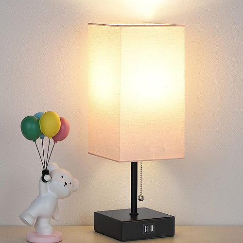 Pull Chain Table Lamp, Bedside Lamps with 2 USB Charging Ports, 2700K LED Bulb, White Linen Lampshade for Living Room, Dorm, Office, Home